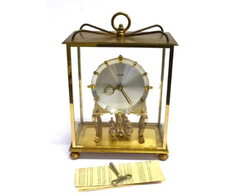A KUNDO 400-DAY BRASS AND GLASS CASED MANTLE CLOCK  19cm wide 28cm high