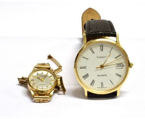 TWO 9CT GOLD CASED WRIST WATCHES  comprising; Tissot quartz, a gentleman's 9ct gold round wrist watch, white dial with black 