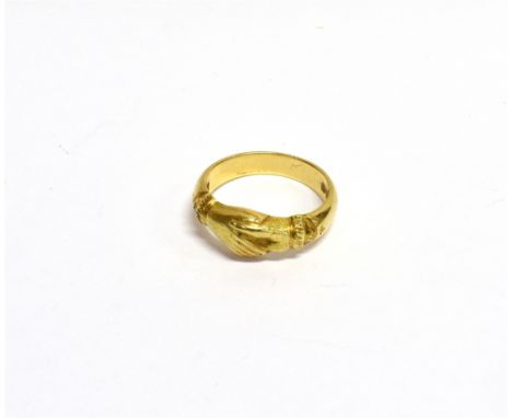 A VINTAGE 18CT GOLD 'CLASPED HANDS' RING London 1967, size N, 6.2g gross  