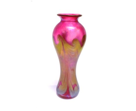 OKRA GLASS:  an amethyst coloured baluster vase, 21cm high, engraved 'Okra 92' to base