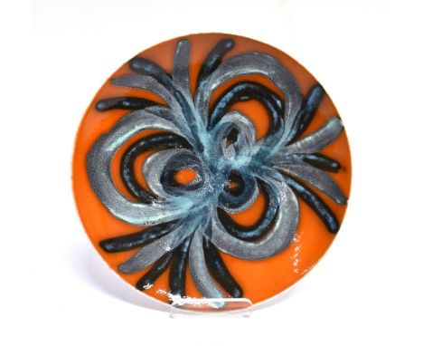 A POOLE POTTERY DELPHIS PLATE  shape 3, decorated with an abstract pattern on orange ground, 20cm diameter
