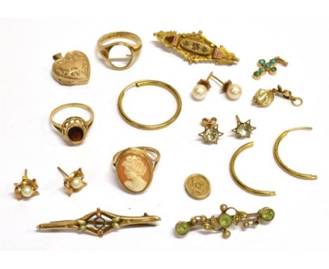 A COLLECTION OF GOLD AND OTHER JEWELLERY INCLUDING A CAMEO RING,   comprising; a 9ct gold and oval shell cameo ring; Birmingh