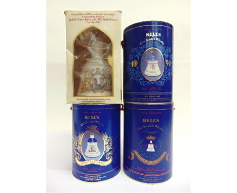 [WHISKY]. FOUR BELL'S DECANTERS BY WADE  comprising Royal commemoratives for the Marriage of Prince Andrew &amp; Sarah Fergus