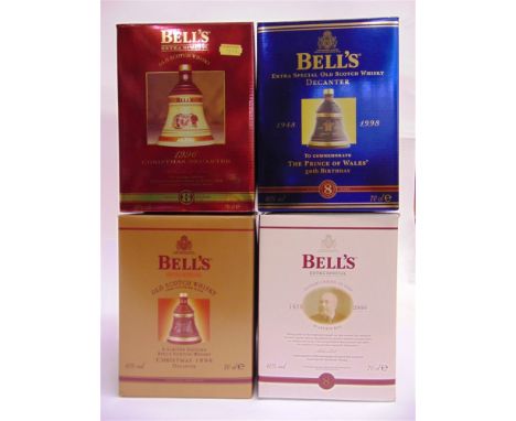 [WHISKY]. FOUR BELL'S DECANTERS BY WADE  comprising a Royal commemorative for the 50th Birthday of the Prince of Wales, 1998;