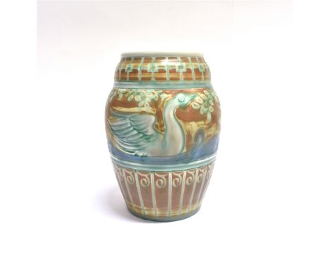 PILKINGTONS ROYAL LANCASTRIAN:  an ovoid vase decorated with a continuous band of swans swimming on a river, impressed and in