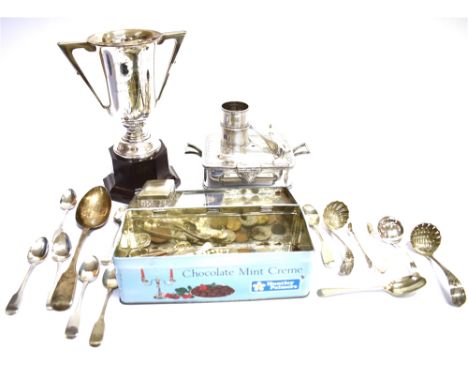 A COLLECTION OF SILVER AND PLATED ITEMS INCLUDING A TROPHY CUP Including; an Art Deco silver trophy cup with two angular hand