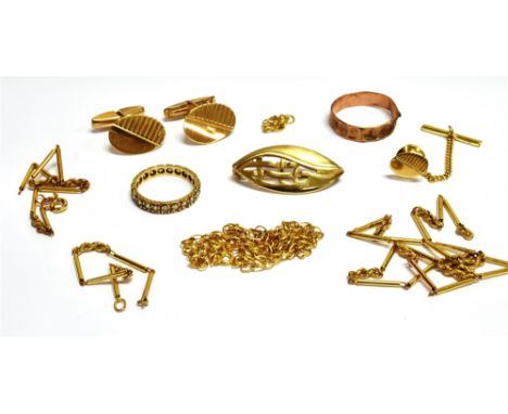 A COLLECTION OF GOLD JEWELLERY INCLUDING A PAIR OF 9CT GOLD CUFFLINKS,   comprising; a pair of 9ct gold oval baton-twist cuff