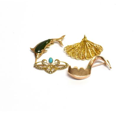 FOUR ART NOUVEAU AND LATER BROOCHES comprising, a gold, turquoise and half-pearl whip-lash open scroll brooch, unmarked, 38mm