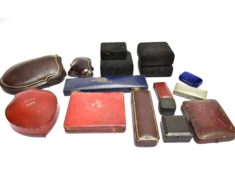 A COLLECTION OF 15 VICTORIAN AND LATER JEWELLERY BOXES Including; a George III dark shagreen covered double ring box; a Victo