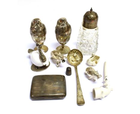 A SILVER OBLONG CIGARETTE CASE, TWO PLATED 'CHICK' EGG CUPS AND OTHER ITEMS  Including a cigarette case Birmingham 1919. 90g 