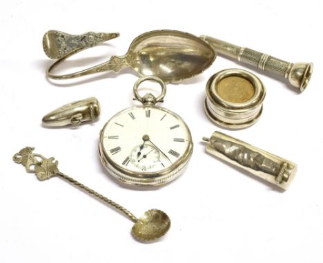 A COLLECTION OF SMALL SILVER INCLUDING SNOOKER CUE TIP CHALK &amp; A POCKET WATCH comprising; an Edwardian silver snooker or 