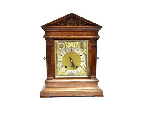 AN EDWARDIAN OAK CASED BRACKET CLOCK  the 8-day movement stamped 'W &amp; H' for Winterhalder and Hofmeier striking on a coil