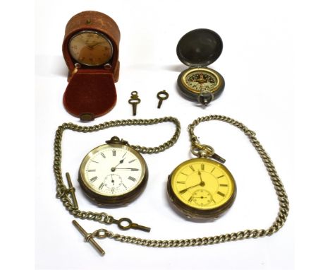 TWO SILVER CASED OPEN FACE KEY WIND POCKET WATCHES, AN ALARM CLOCK AND A COMPASS the pocket watches each with a white dial wi