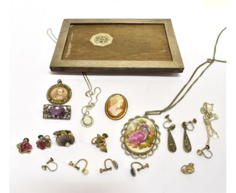 AN ARTS AND CRAFTS SILVER AND OVAL AMETHYST RECTANGULAR BROOCH AND A COLLECTION OF MOSTLY COSTUME JEWELLERY  Including; a sma