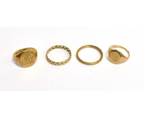 FOUR GOLD RINGS INCLUDING A 9CT GOLD WEDDING BAND  London 1944, size P+, 1.6g; a 9ct gold oval signet ring engraved with scri