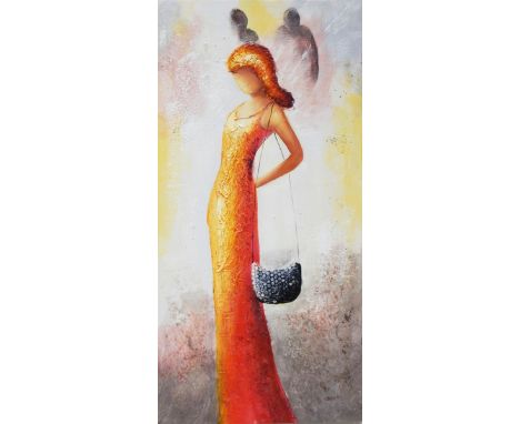 Mixed media on canvas Stylised full-length portrait of woman with handbag, 120cm x 60cm 