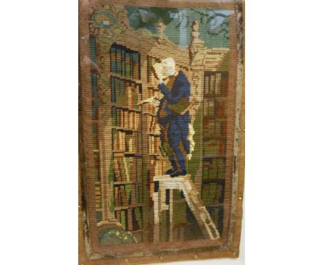 Tapestry panel, framed and glazed, showing studious female figure