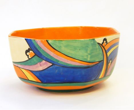 A Clarice Cliff 'Fantasque' bowl of octagonal form, decorated with a rolling landscape in multi-colours, printed mark to base
