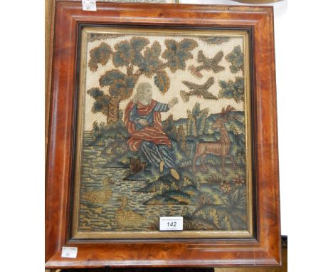 An 18th century tapestry and needlework panel depicting Alija with the crows with stag and swans in foreground, 34cm x 28cm 