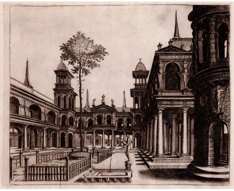 Hans Vredeman de Vries, Dominic Custos - Renaissance Palace  /  Description:  Perspective study with porticoed courtyard and 