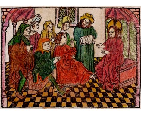 Master of Antwerp (1485-1491), Attr. - Jesus preaches in the synagogue  /  Description:  This is an old colored incunabula wo