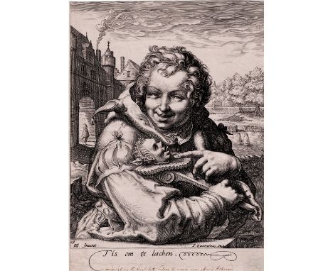 Jan Saenredam - The Fool  /  Description:  A first state of this rare engraving: A fool holding a staff. A jester leaning on 