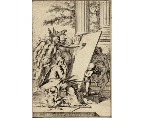 Anonymous 17Th.C. - Allegory on the art of painting  /  Description:  On the steps of a classical building a female painter i