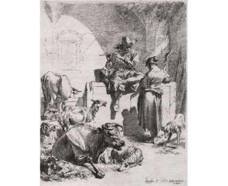 Nicolaes Berghem - The shepherd and the spinner  /  Description:  The Shepherd and the Spinner. A shepherd playing the flute 