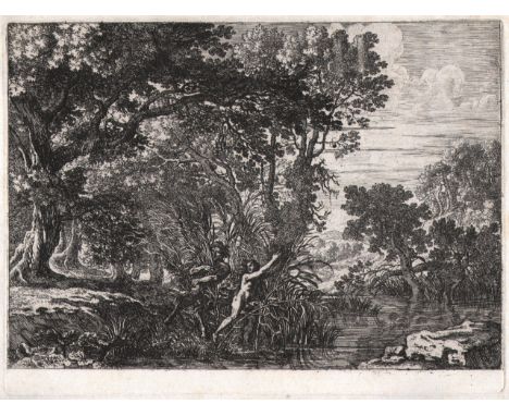 Herman van Swanevelt - Pan and Syrinx  /  Description:  Pan and Syrinx. Landscape with Pan at center left in pursuit of the n