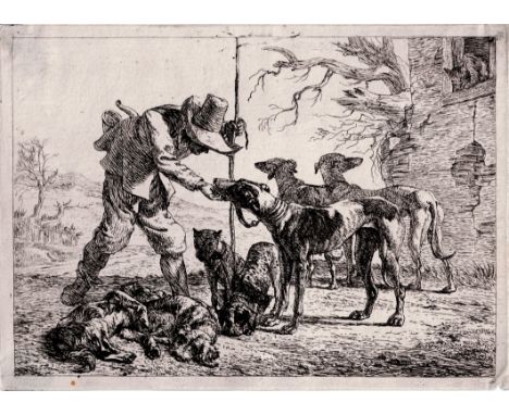 Pieter van Laer - A hunter with his hounds - 1636  /  Description:   A hunter with his hounds. A male figure at left and hold