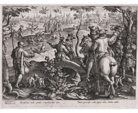 Philips Galle (1537-1612) - The Falcon Hunt  /  Description:  Selected outstanding impression of the first state of one of th