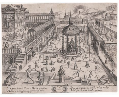 Maerten de Vos, Johannes Wierix, Complete set of 6 engravings, The ages of Man presented by Building styles. Complete set.  /