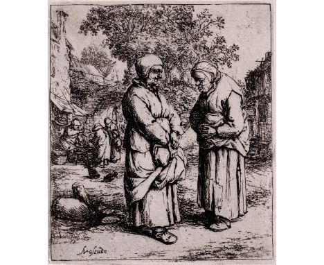 Adriaen Van Ostade (1610-1685) - Two Gossiping Women  /  Description:  Two elderly women gossiping in a village street, a tra