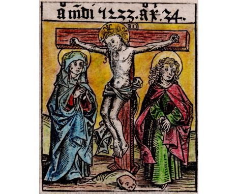 Michel Wolgemut (1434-1519) - The Crucifixion - 1493  /  Description:  Old colored woodcut from the first edition of Hartmann