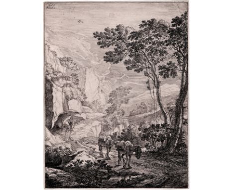 Jan Both (1618-1652) -Two mules on the road near the Rocca Aquatico in Ancona.   /  Description:  Two mules on the road near 