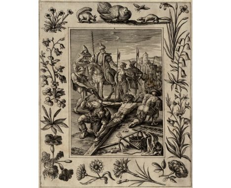 Anthonie Wierix, Maerten de Vos, The Crucifixion, First state  /  Description:  Passion of Christ: The Crucifixion; three sol