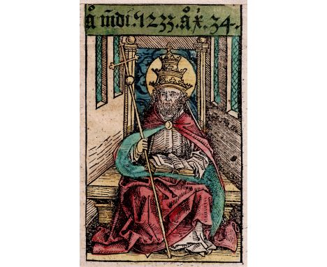 Michel Wolgemut (1434-1519) - Saint Peter as  Pope - 1493  /  Description:  Old colored woodcut from the first edition of Har