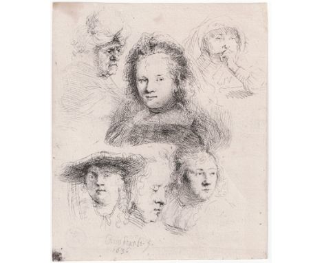 Rembrandt Van Rijn - Study of the head of Saskia and others, 1636  /  Description:  Etching, Rembrandt Van Rijn (1606-1669): 