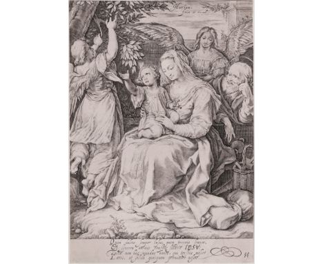 Jacob Matham (1571-1631) - The Holy Family with two angels  /  Description:  The Holy Family with two angels; an angel, at le