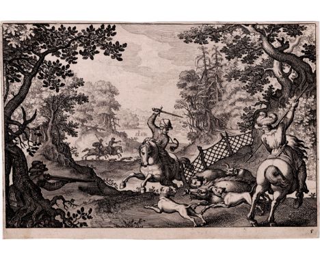 Matthäus Merian, Gilles van Coninxloo - Boar Hunt - RR  /  Description:  Wild Boar Hunt. From a series of stately hunting sce