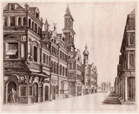 Hans Vredeman de Vries, Dominic Custos - Hieronymus Cock before his print shop in Antwerp  /  Description:  Perspective view 