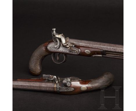 Ein Paar Steinschloss-Duellpistolen, Edward Patrick, Liverpool, um 1810Oktagonale 255 mm Damastläufe mit glatten Seelen im Ka