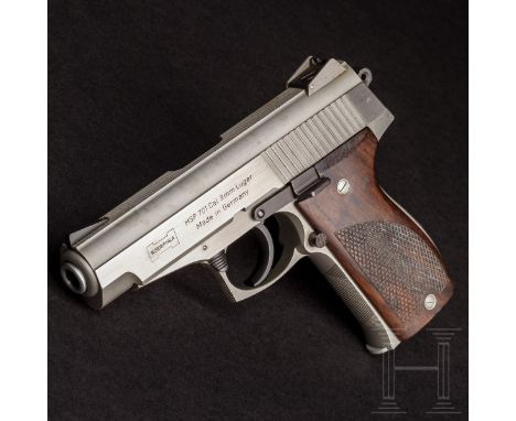 Korriphila HSP 701, Stainless, im KofferKal. 9 mm Luger, Nr. 044, nummerngleich. Blanker Lauf, Länge 101 mm. Neunschüssig. Be
