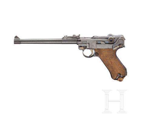 Lange Pistole 08, DWM 1918Kal. 9 mm Luger, Nr. 1573, nummerngleich inkl. Schlagbolzen. Lauf rau. Achtschüssig. Beschuss. Schi