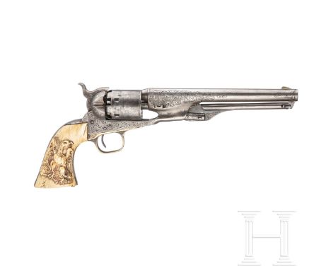 Colt Navy Mod. 1861, Werksgravur, Elfenbeingriff Kal. 36 Blackpowder, Nr. 35370, nummerngleich. Runder Lauf mit fast blanker 