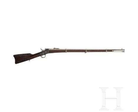 Remington-Rider M 1867Kal. 12.17x44 R, Nr. ohne, blanker Lauf, Länge 89,5 cm. Treppen-Rahmenvisier skaliert 5 - 10. Am oberen