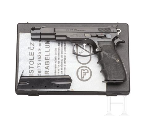 CZ Mod. 75, im KofferKal. 9 mm Luger, Nr. Y4077, nummerngleich. Blanker Lauf mit Kompensator, Länge 120 mm. 15-schüssig. Dt. 