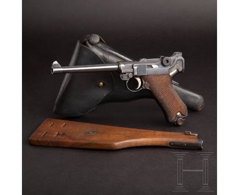 Pistole 04 (1914), DWM 1917, mit Brett und TascheKal. 9 mm Luger, Nr. 4800, nummerngleich inkl. Griffschalen. Blanker Lauf, L