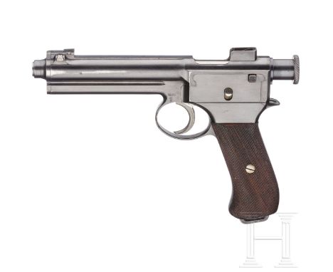 Roth-Steyr Mod. 1907, erstes ModellKal. 8 mm Roth-Steyr, Nr. 6933, nummerngleich. Blanker Lauf. Zehnschüssig. Beschuss "Wn-Dp