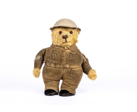 A very rare Chiltern Homeguard Teddy Bear, 1940s,  with golden mohair head and hands, orange and black glass eyes, black stit